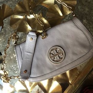 Grey Leather Tory Burch Cross Body with Gold Chain
